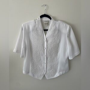 Vintage White Western Boho Cowgirl Button Down Short Sleeve Blouse Women's 14P